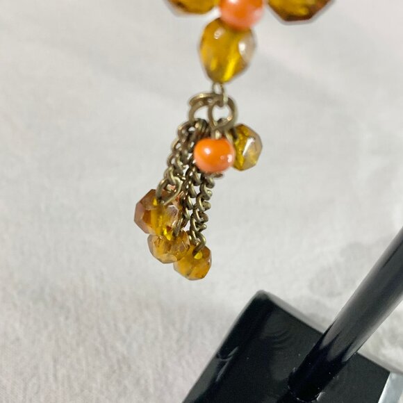 Bohemian Dangle Earrings - Amber Glass & Coral Beaded Jewelry - Brass Tone Chain - Picture 6 of 8